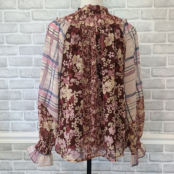 Miss Me Floral Balloon Sleeve Blouse Top Boho Western Coastal Cowgirl Sheer Sm - Picture 3 of 8